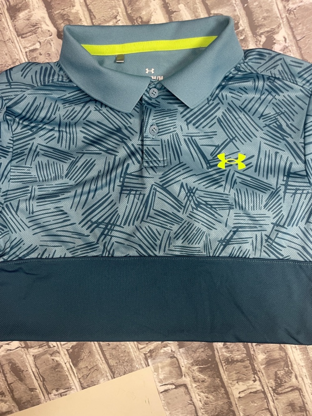 Under Armour Blue Teal Patterned Polo with Neon Yellow Logo